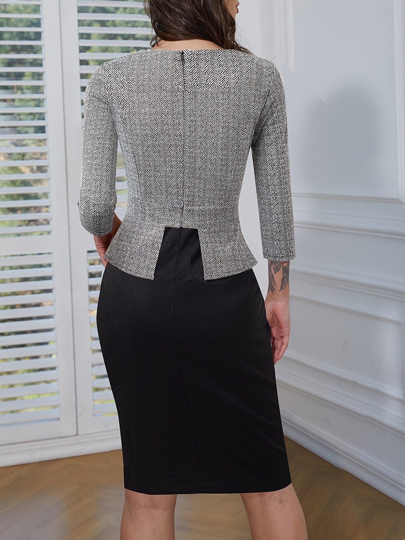 Tailored Peplum Illusion Herringbone Knit Dress