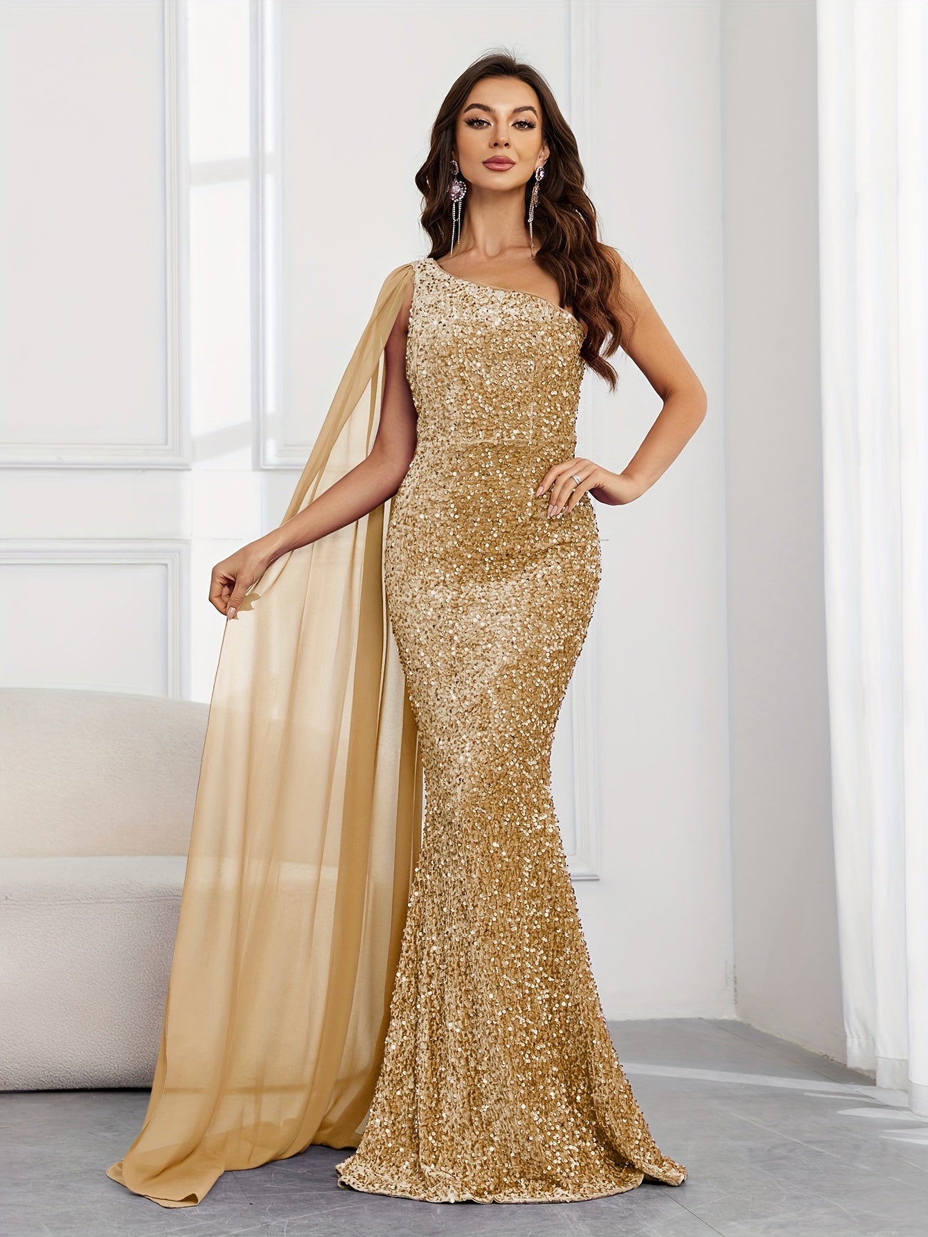 Sequin One Shoulder Golden Goddess Gown