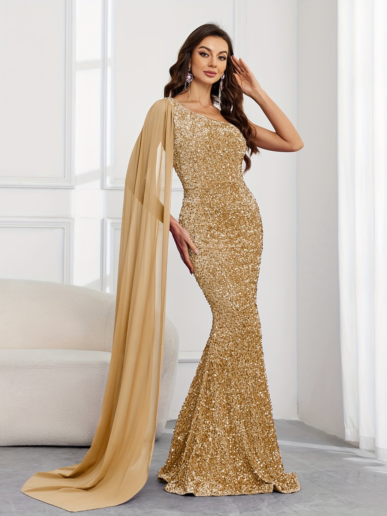 Sequin One Shoulder Golden Goddess Gown