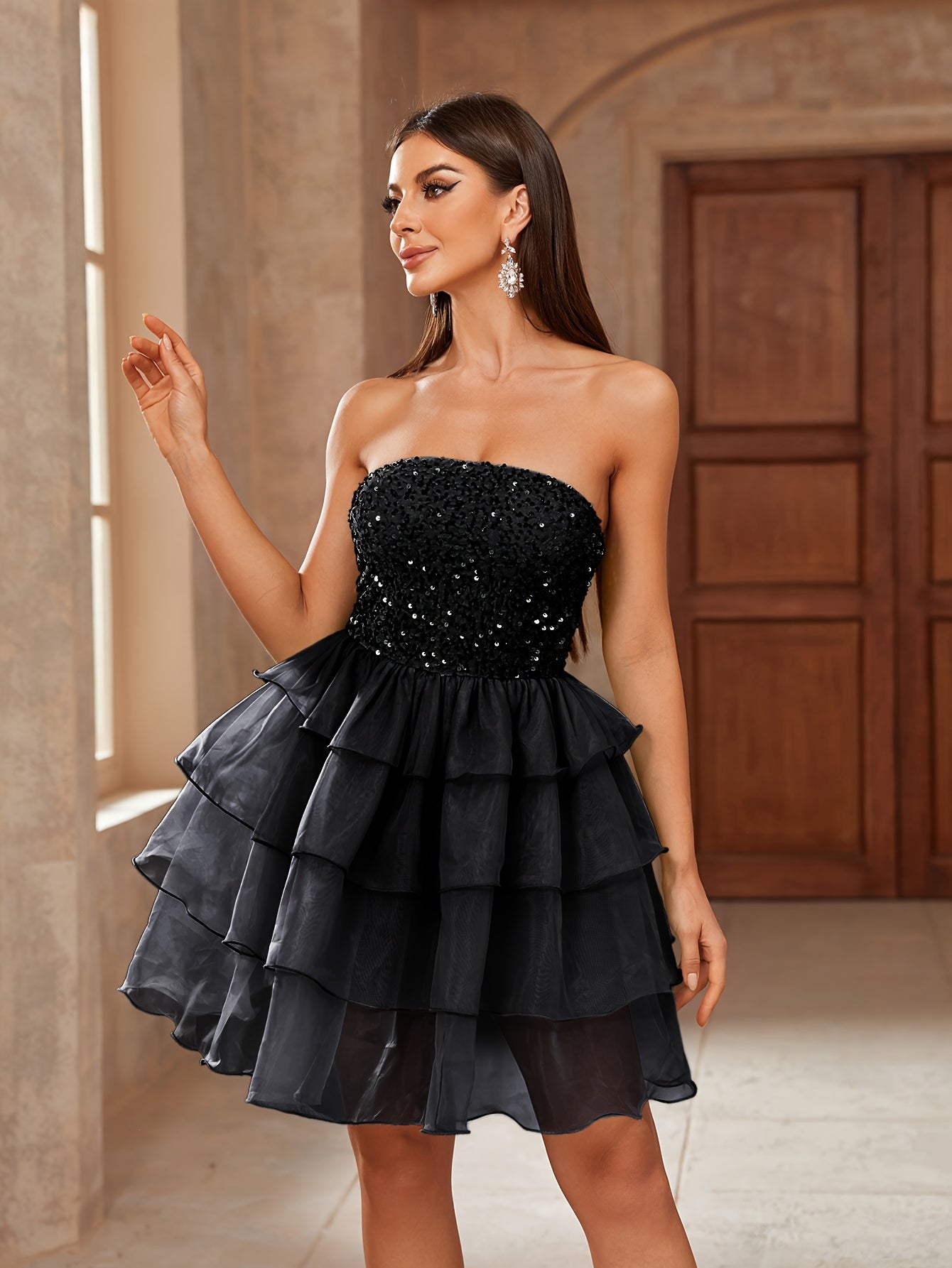 Sequined Ruffled Cocktail Dress