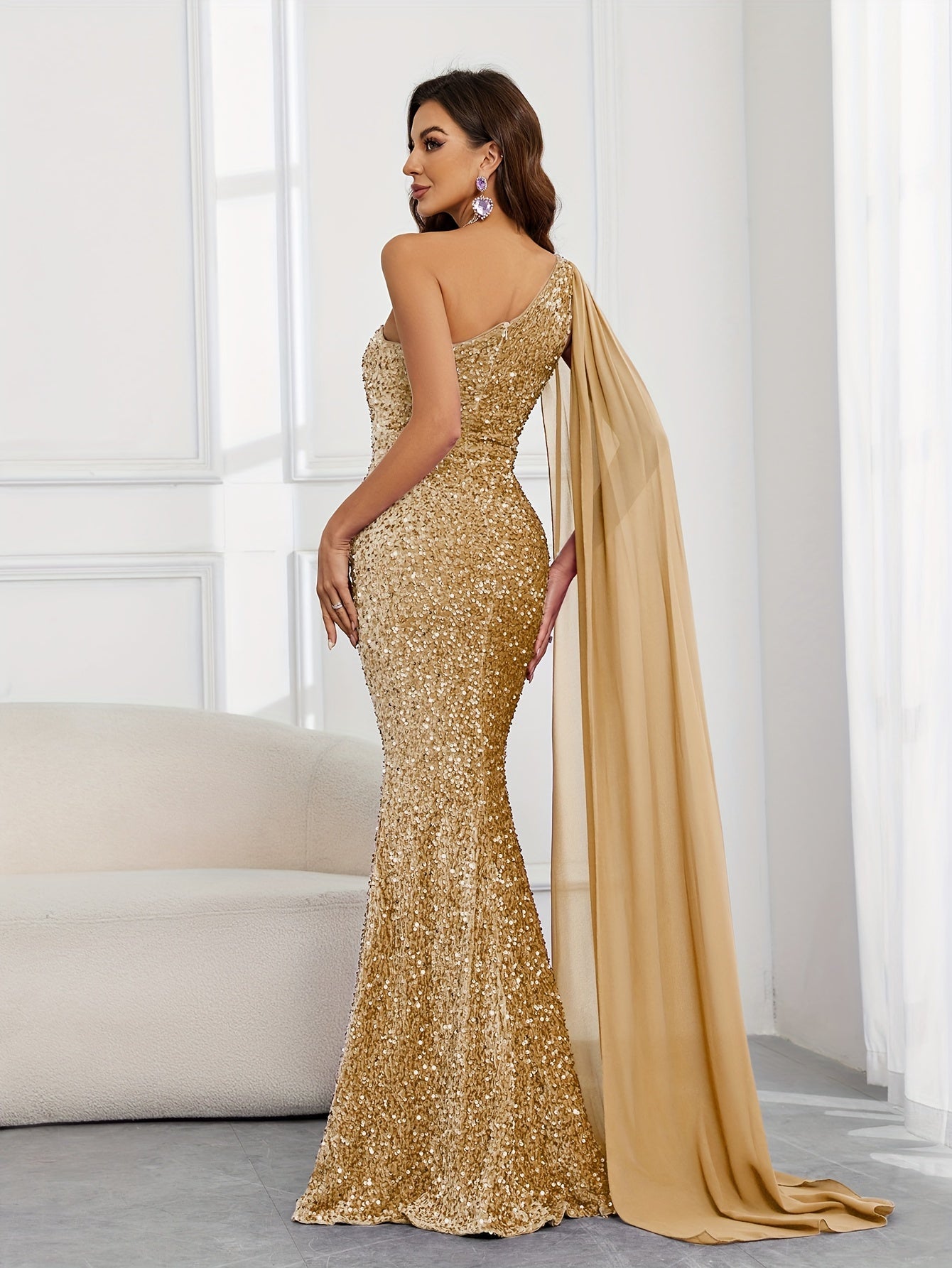 Sequin One Shoulder Golden Goddess Gown