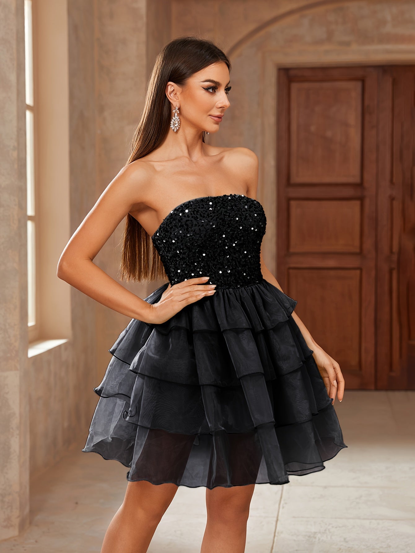 Sequined Ruffled Cocktail Dress