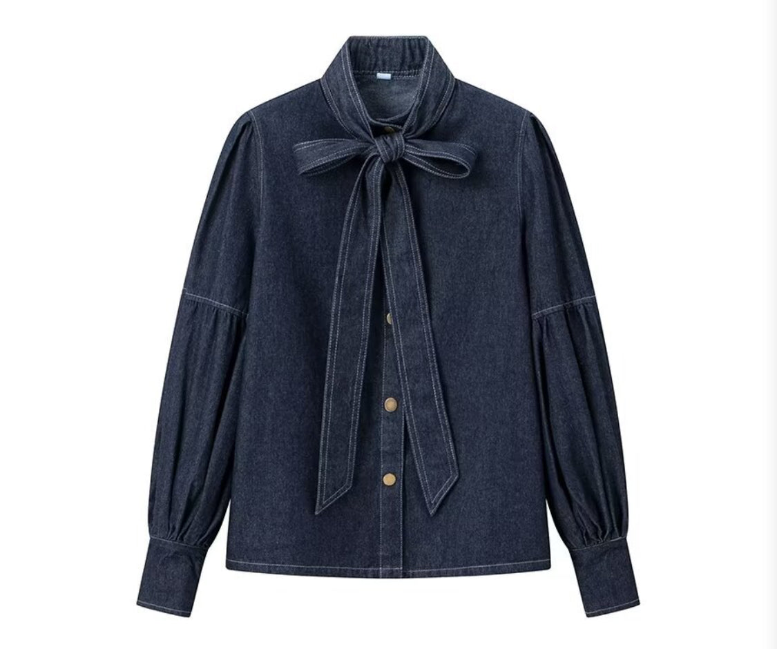 Denim Puff Sleeve Bow Tie Blouse