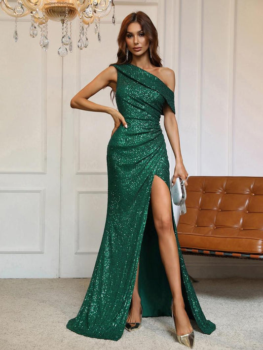 Emerald Green Sequined Evening Dress