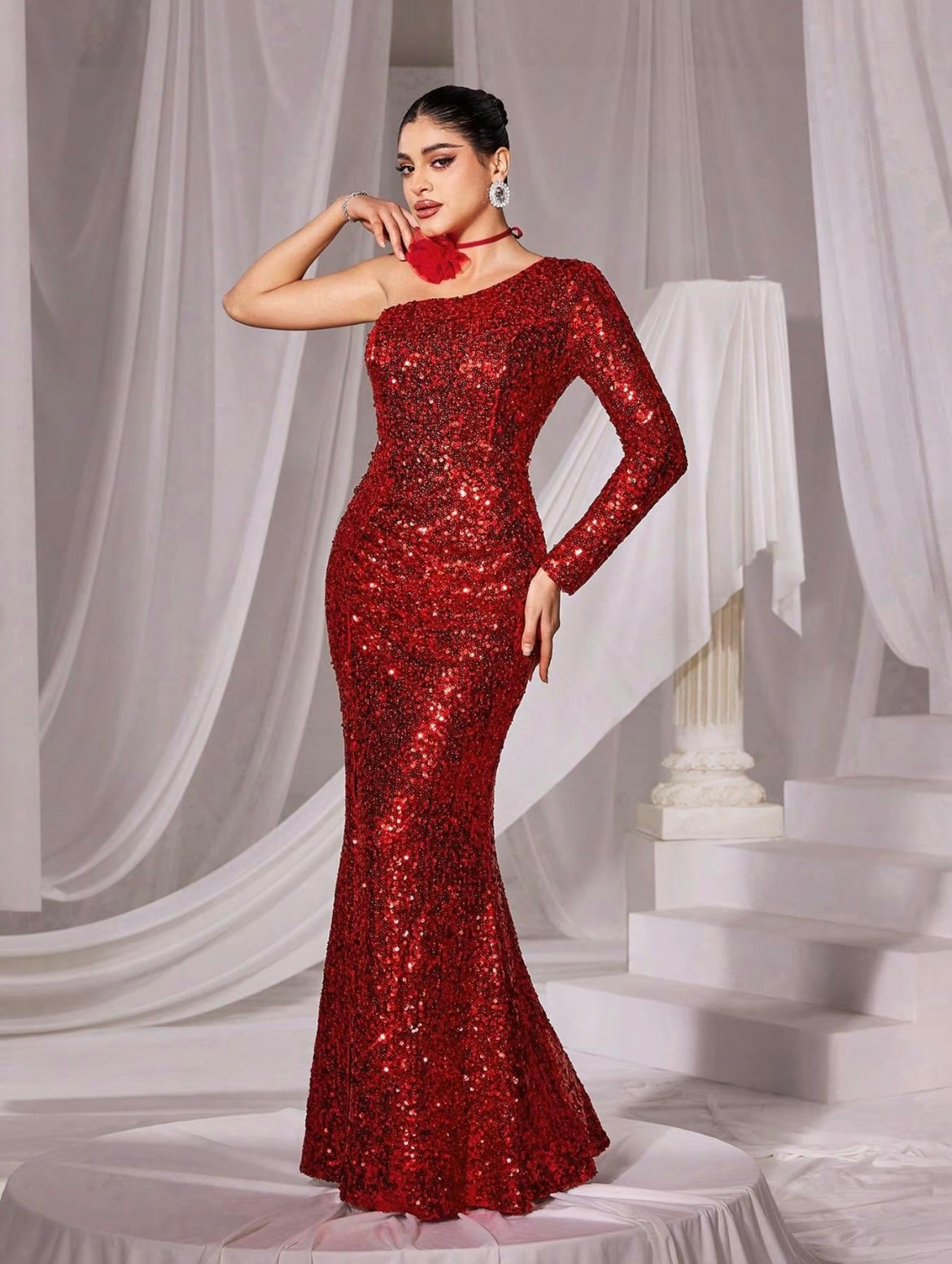 Showstopper Red Sequined One Shoulder Dress