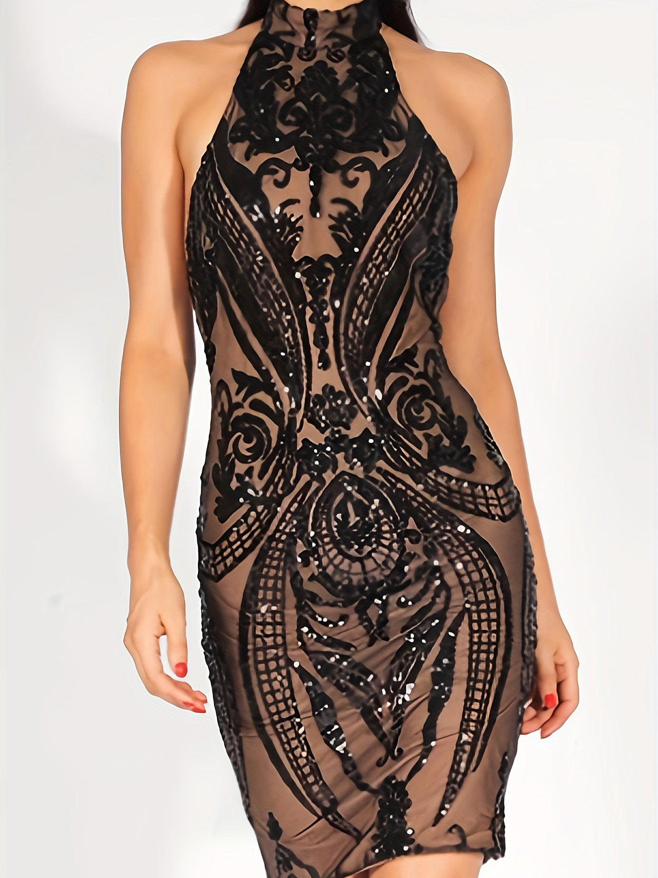 Black Baroque Lace Design Sparkle Cocktail Dress