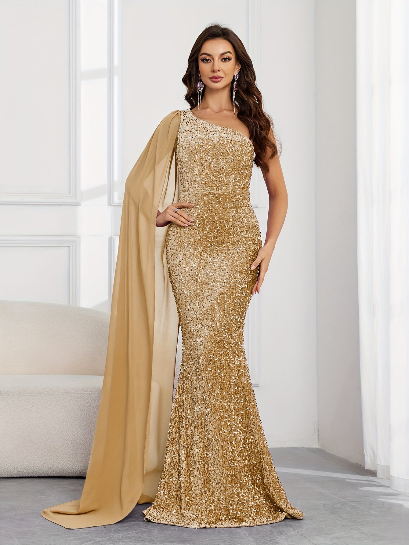 Sequin One Shoulder Golden Goddess Gown