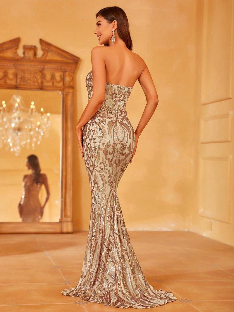 Champagne Sequined Evening Dress