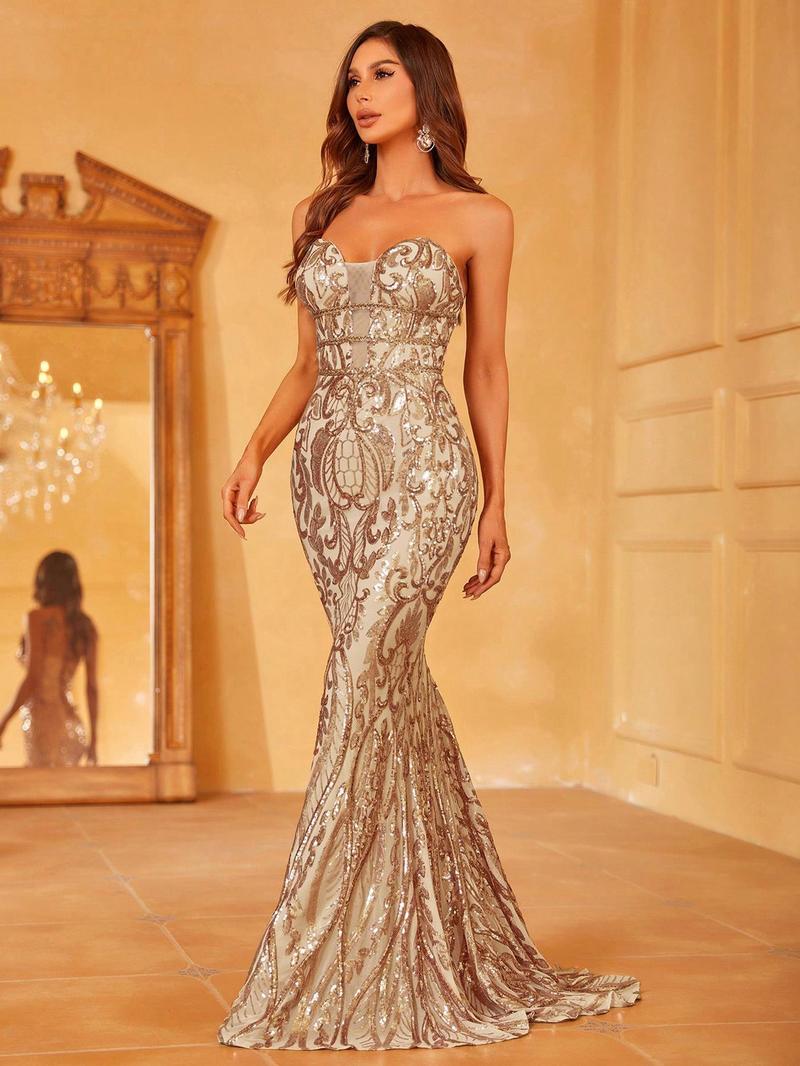 Champagne Sequined Evening Dress